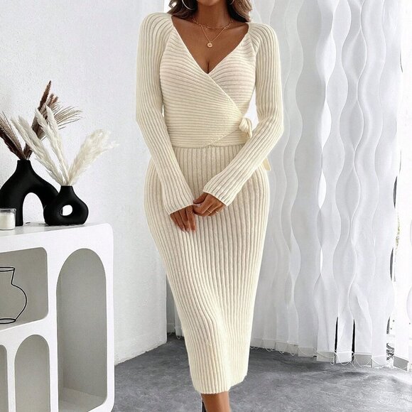 Beige Elegant Women's Stylish Knit V-Neck Cross-Tie Slimming Maxi Dress - Picture 5 of 7